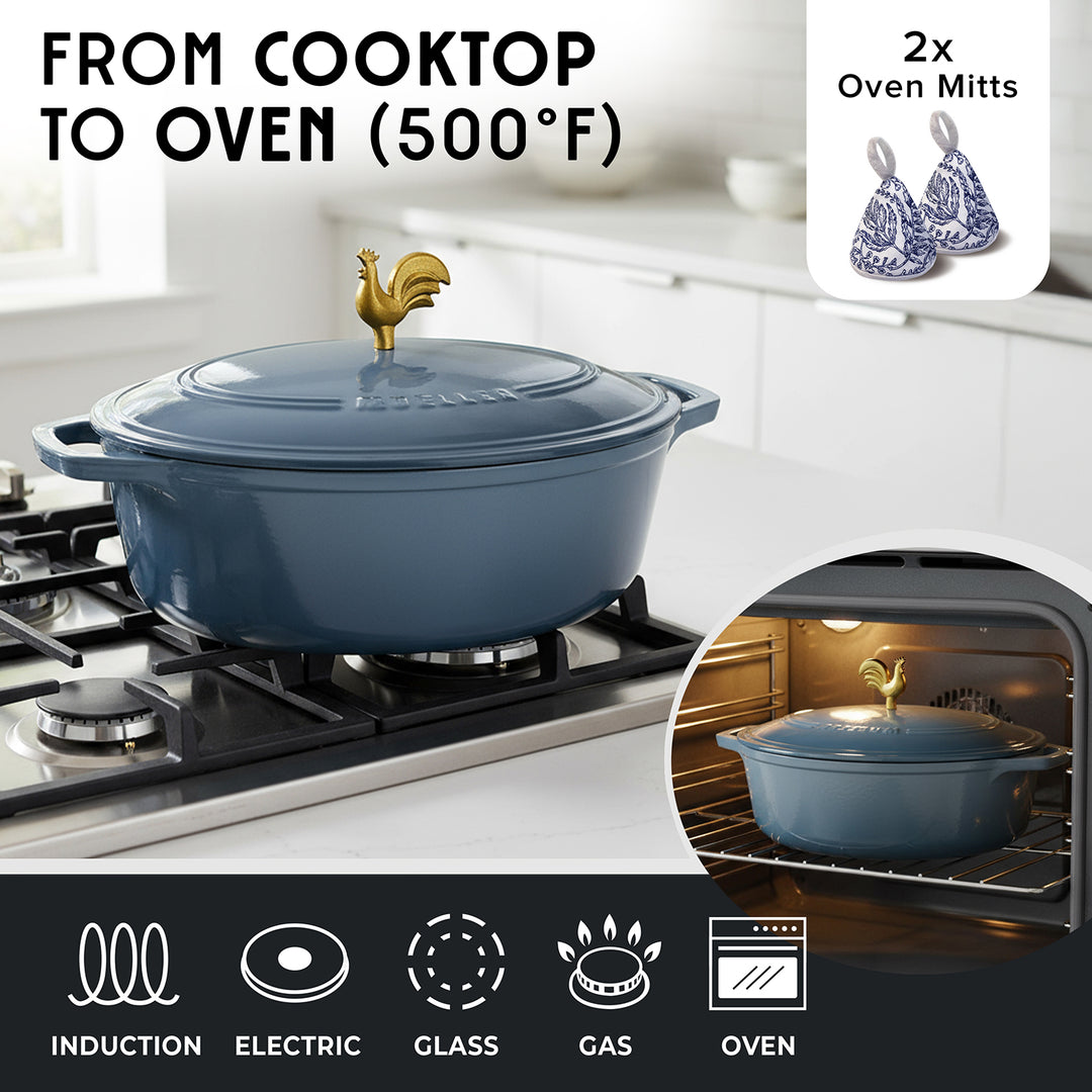 Mueller Enameled Mineral Blue Dutch Oven Oval shaped with rooster handle on a stove and in an oven, with oven mitts shown.
