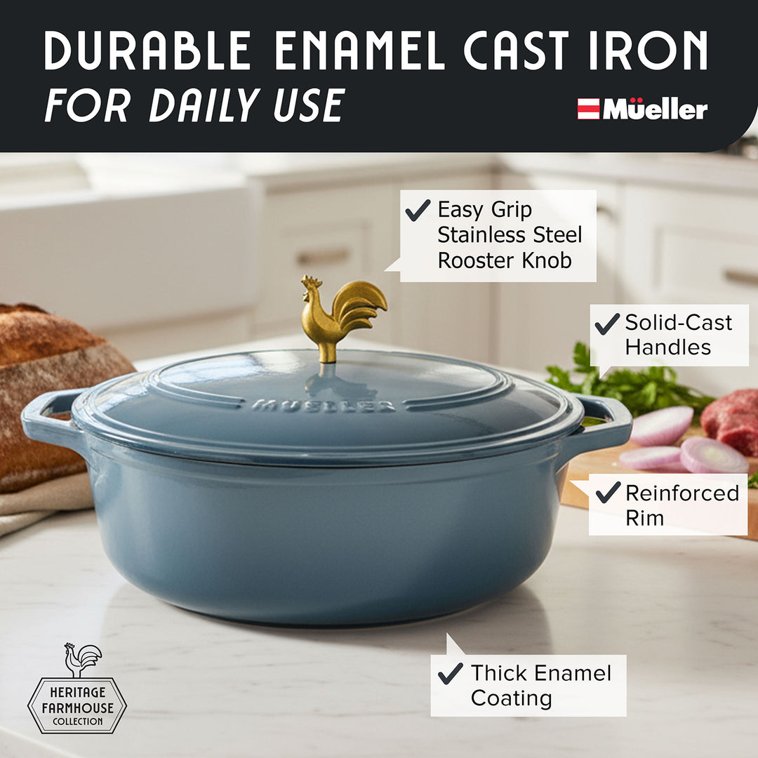 Mueller Enameled Mineral Blue Dutch Oven Oval shaped with rooster knob on a kitchen counter, featuring Mueller brand.
