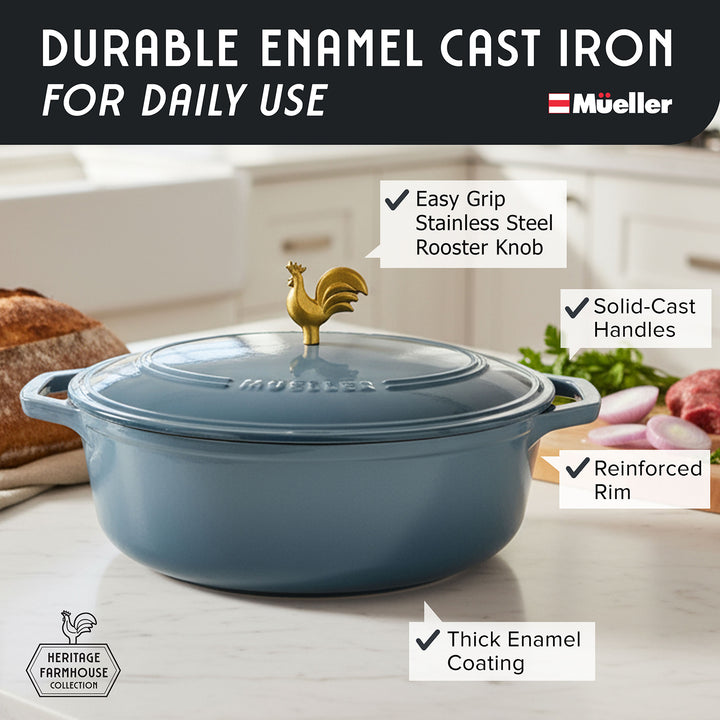 Mueller Enameled Mineral Blue Dutch Oven Oval shaped with rooster knob on a kitchen counter, featuring Mueller brand.