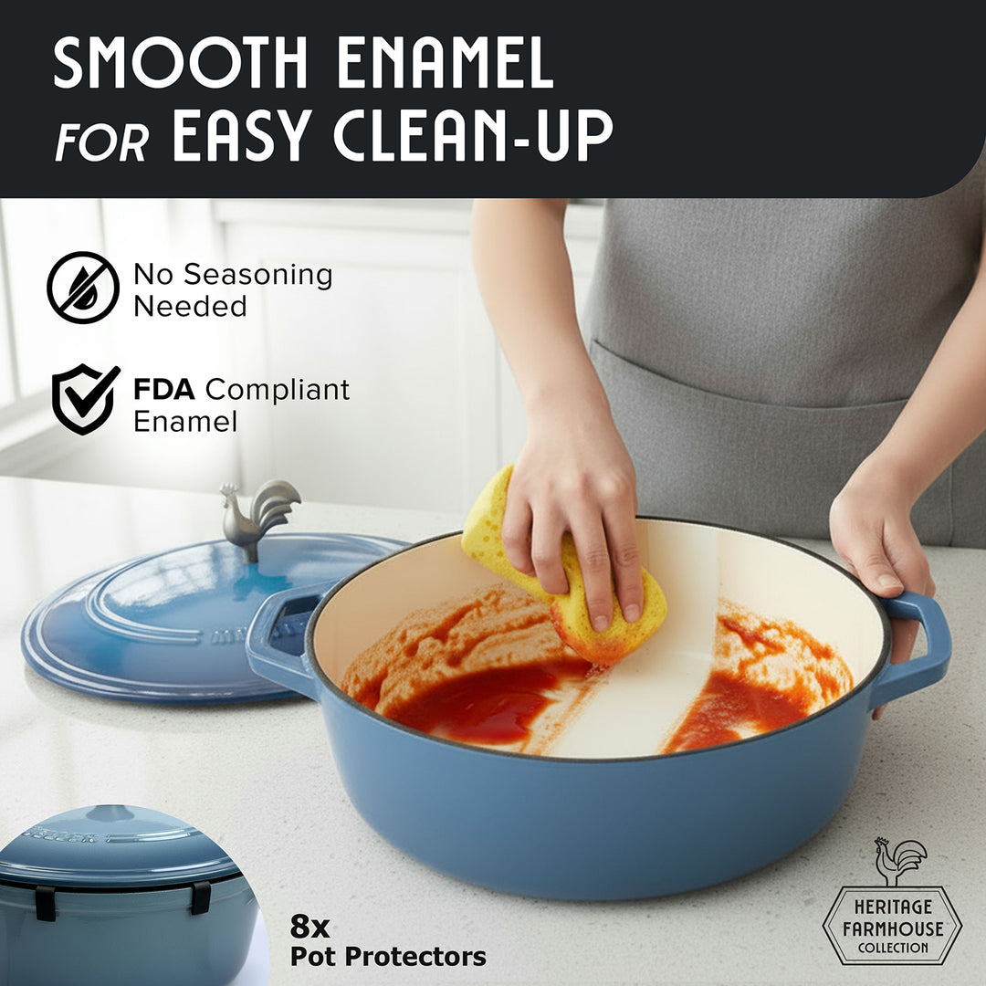 Person cleaning a blue enamel pot with a sponge, highlighting smooth enamel for easy clean-up.