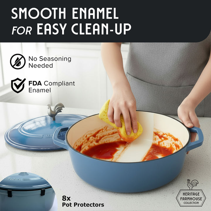 Person cleaning a blue enamel pot with a sponge, highlighting smooth enamel for easy clean-up.