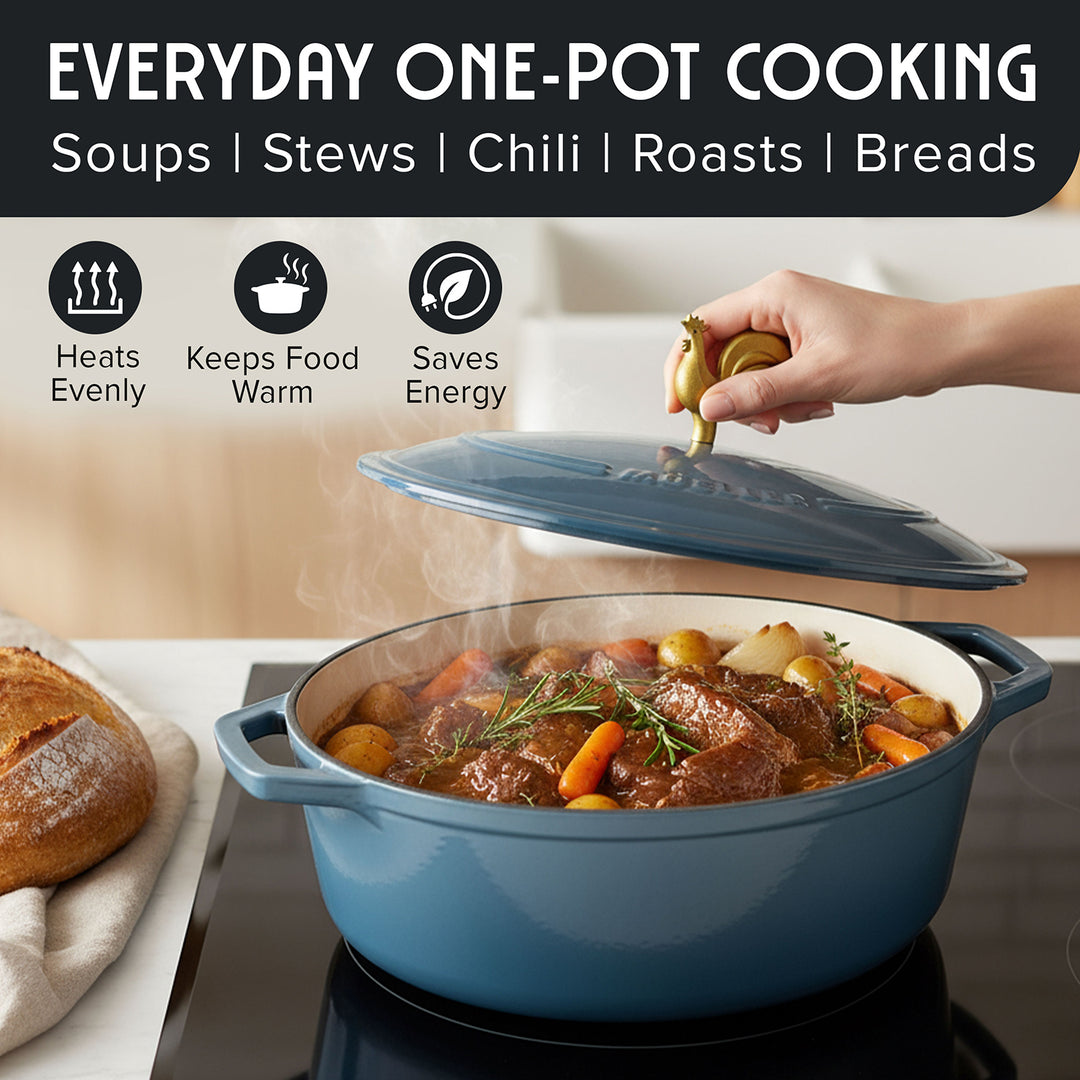 Mueller Enameled Mineral Blue Dutch Oven Oval shaped with stew on a stove, surrounded by text about one-pot cooking methods.