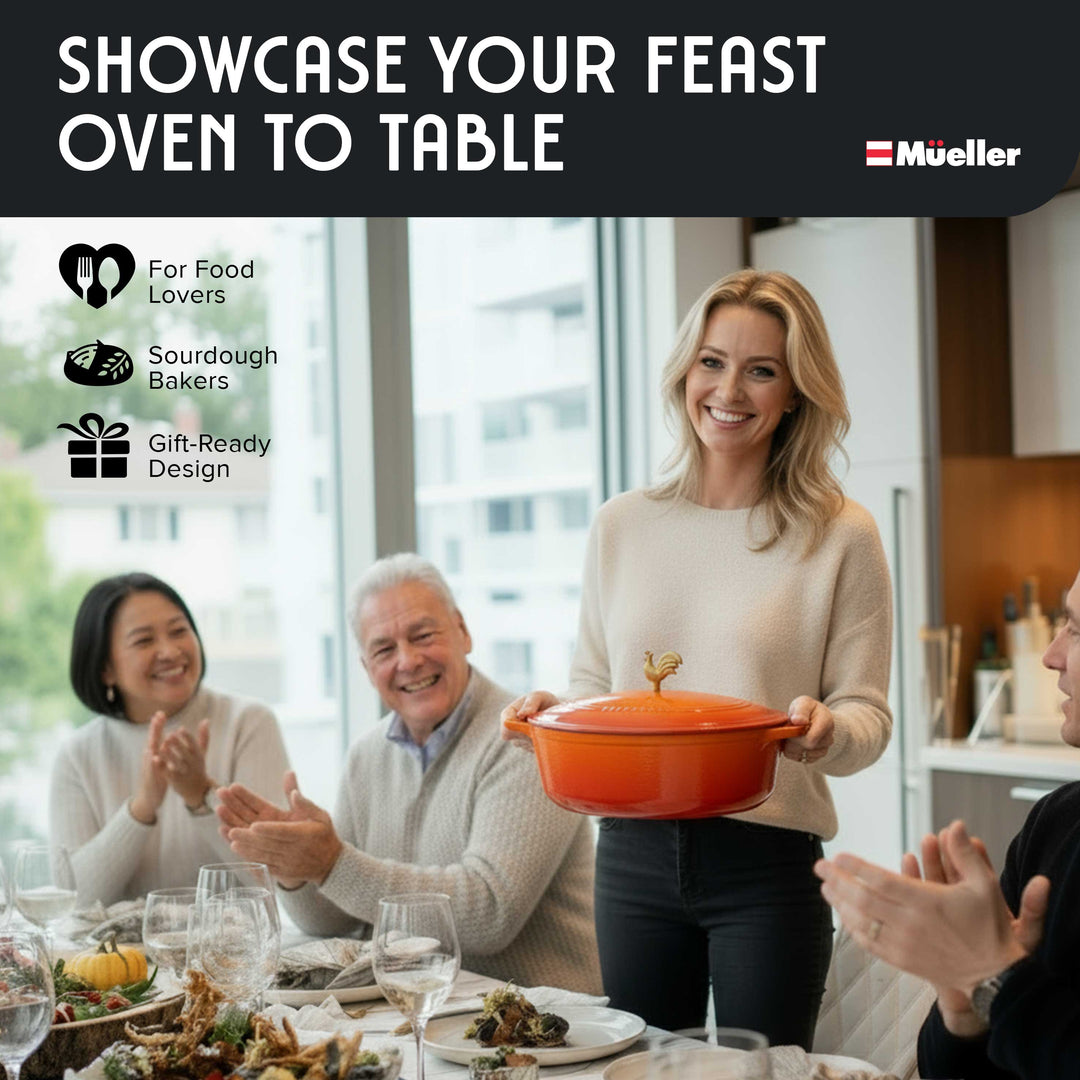 Woman holding an orange pot with people around a table, featuring Mueller cookware advertisement.