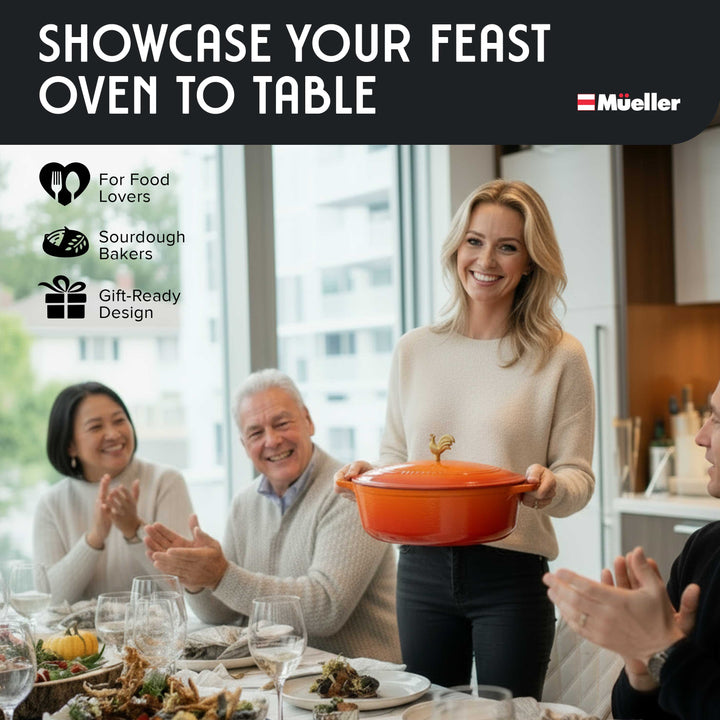 Woman holding an orange pot with people around a table, featuring Mueller cookware advertisement.