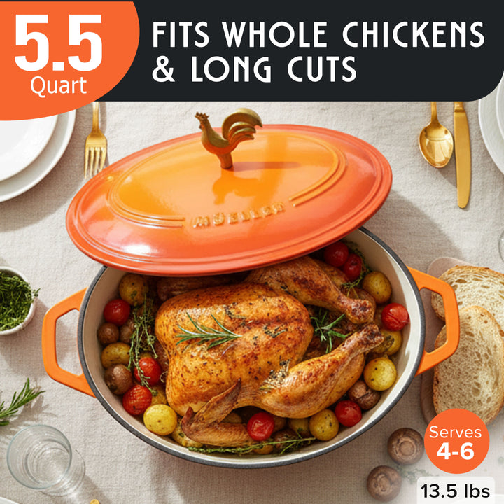 Orange Dutch oven with roasted chicken and vegetables on a table setting, labeled for capacity and servings.