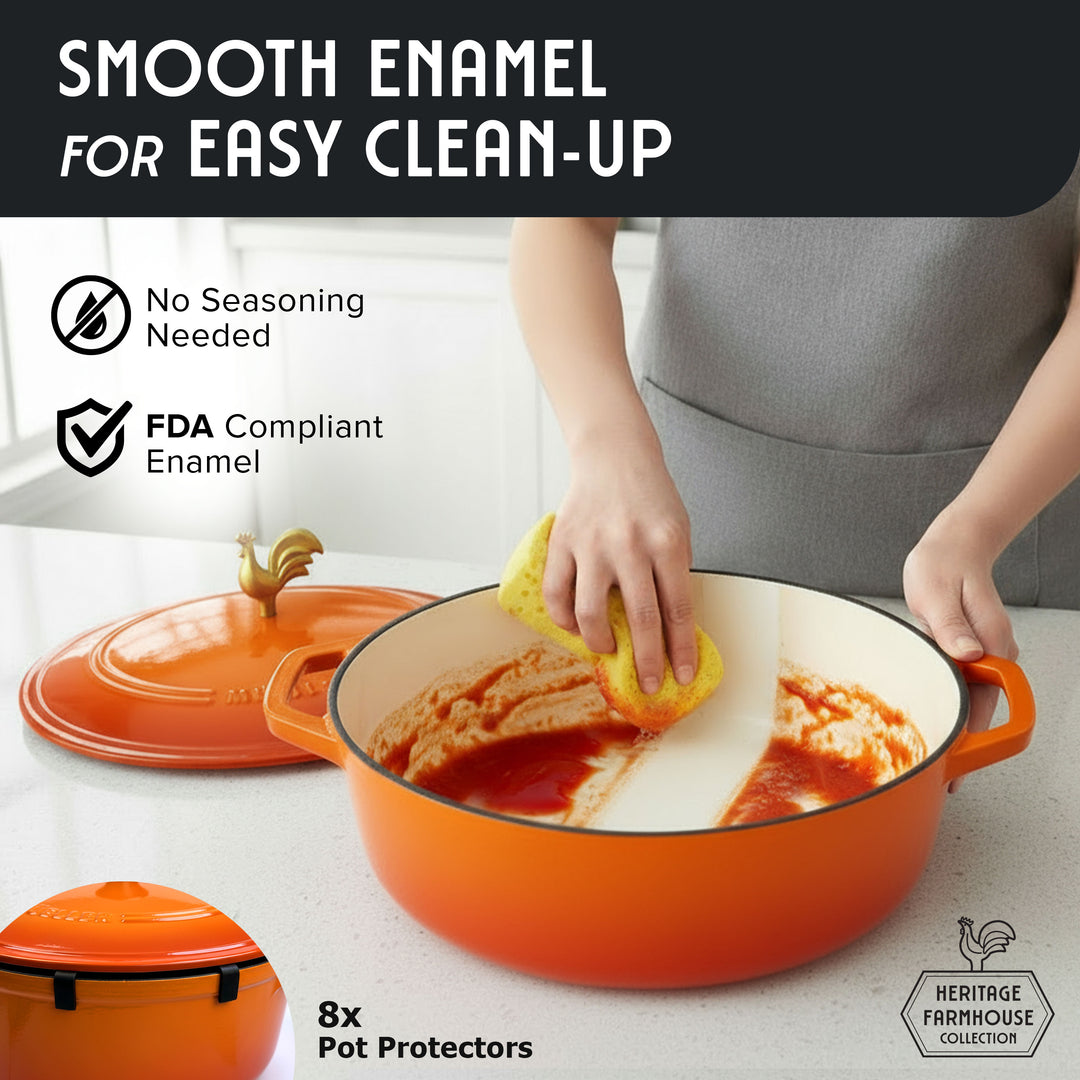 Mueller Enameled Orange Dutch Oven Oval shaped with a person cleaning it, featuring text about smooth enamel and FDA compliance.
