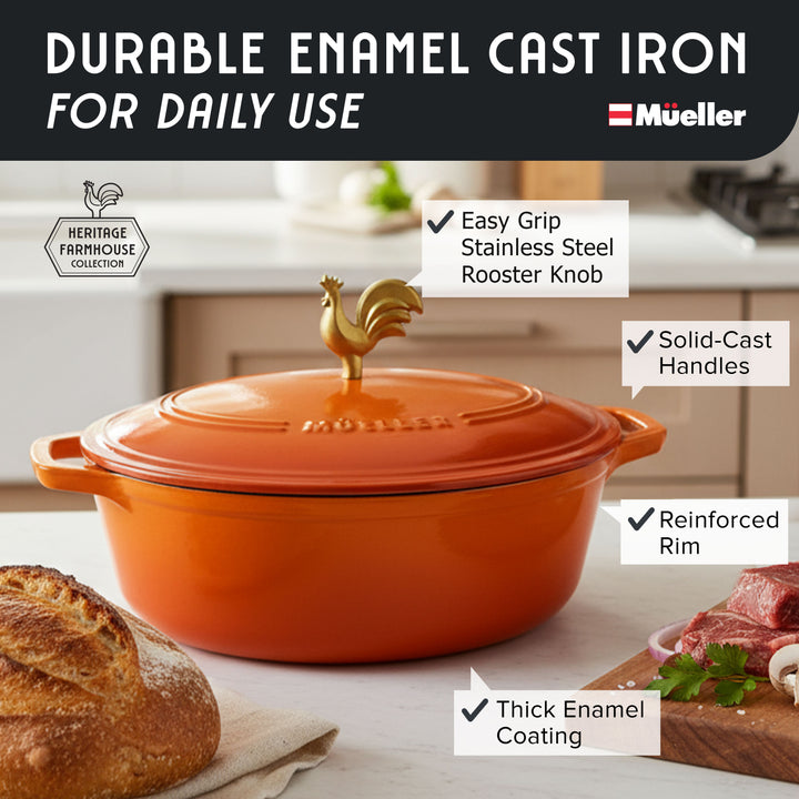 Mueller Enameled Orange Dutch Oven Oval shaped with rooster knob on a kitchen counter, featuring Mueller brand.