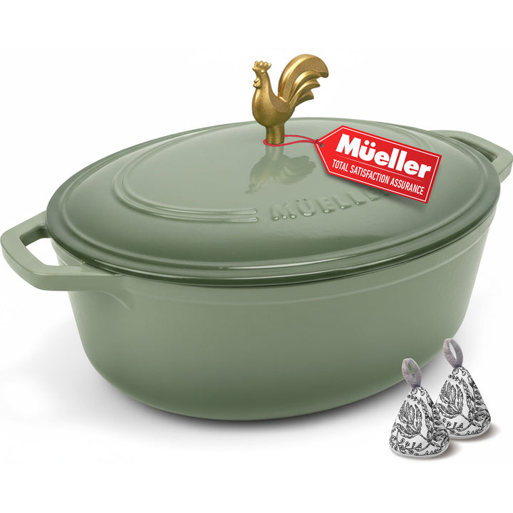 Thyme Green Oval shaped Dutch oven with the Mueller brand embossed on the lid with a gold rooster knob, on a white background, with two pot holders in a floral green pattern.