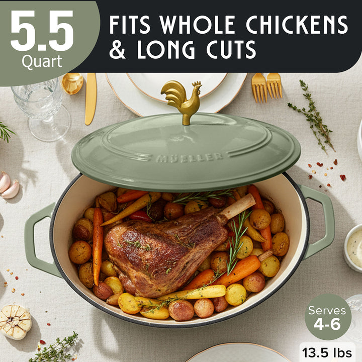 Mueller Enameled Sage Dutch Oven Oval shaped roasting dish with roasted meat and vegetables on a table setting.