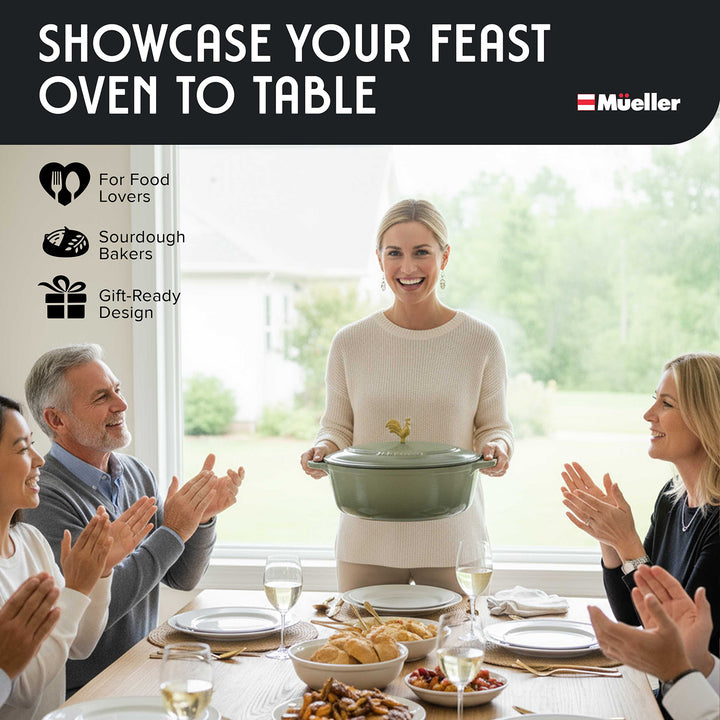 Woman serving food at a table with friends, promotional image for Mueller oven to table products.