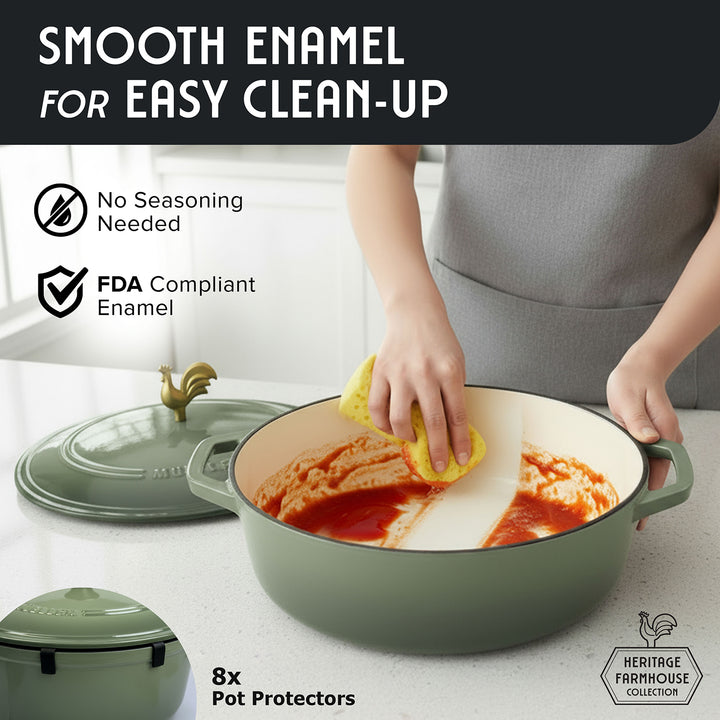 Mueller Enameled Sage Dutch Oven Oval shaped with food residue, person cleaning it, and text about smooth enamel and easy clean-up.