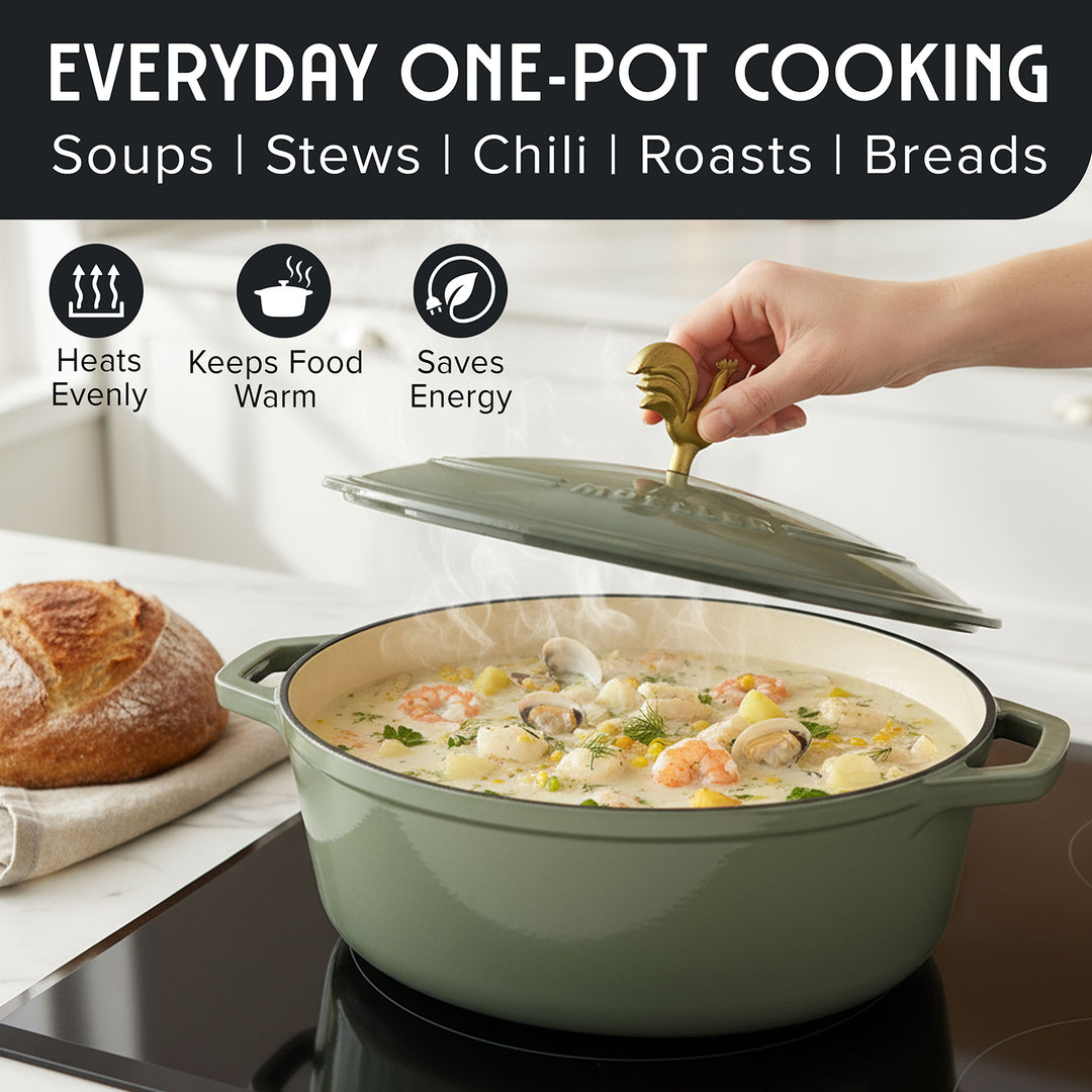 Mueller Enameled Sage Dutch Oven Oval shaped with steam rising, surrounded by text about cooking types and benefits.