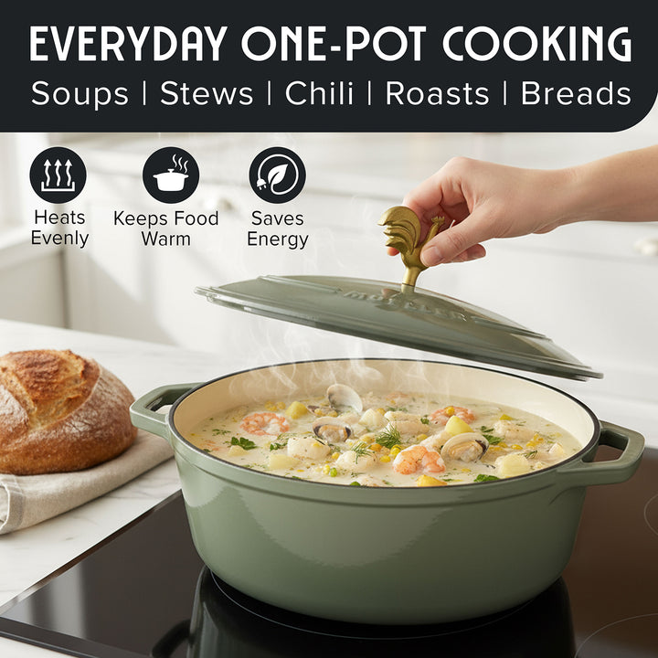 Mueller Enameled Sage Dutch Oven Oval shaped with steam rising, surrounded by text about cooking types and benefits.