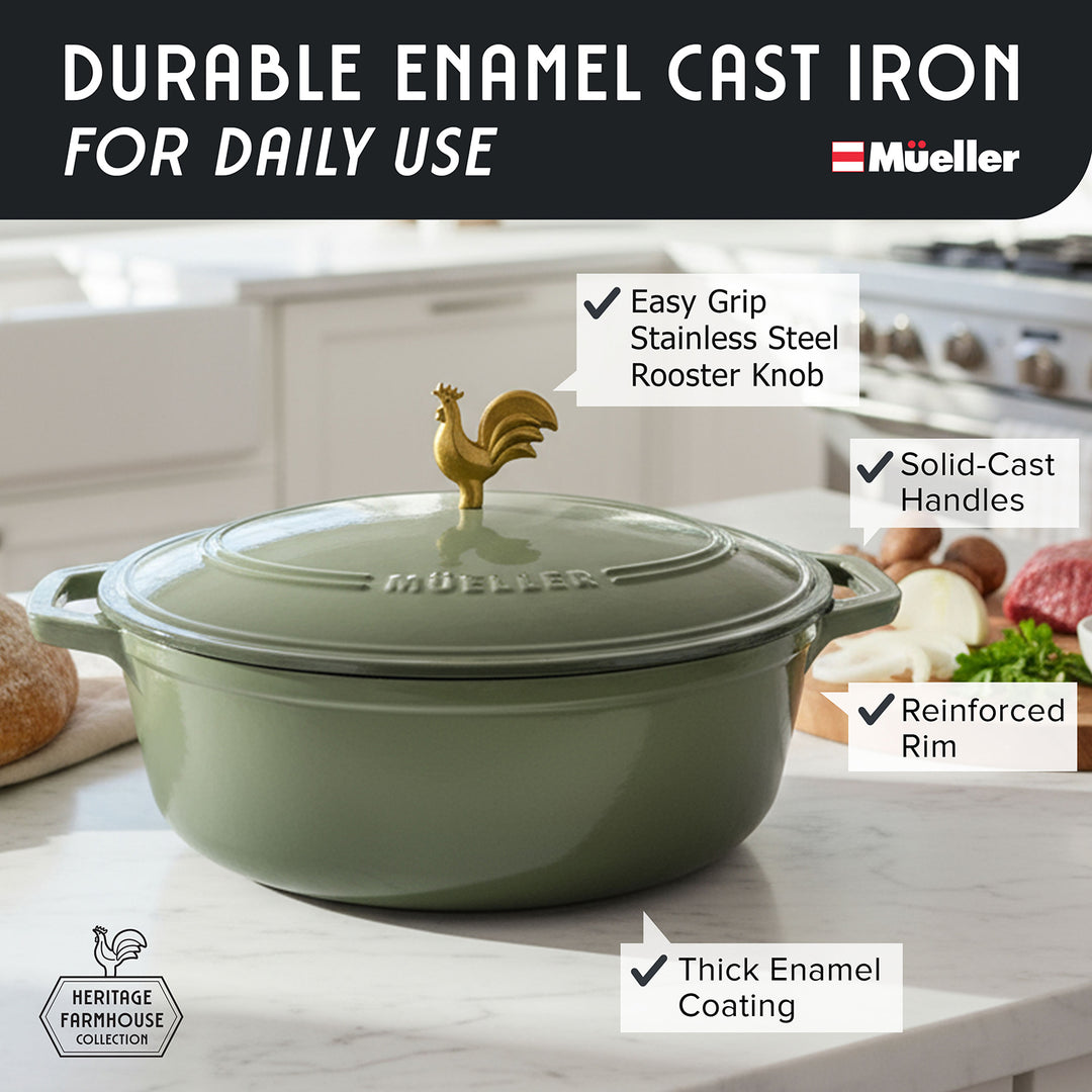 Mueller Enameled Sage Dutch Oven Oval shaped with rooster knob on a kitchen counter, featuring Mueller branding.