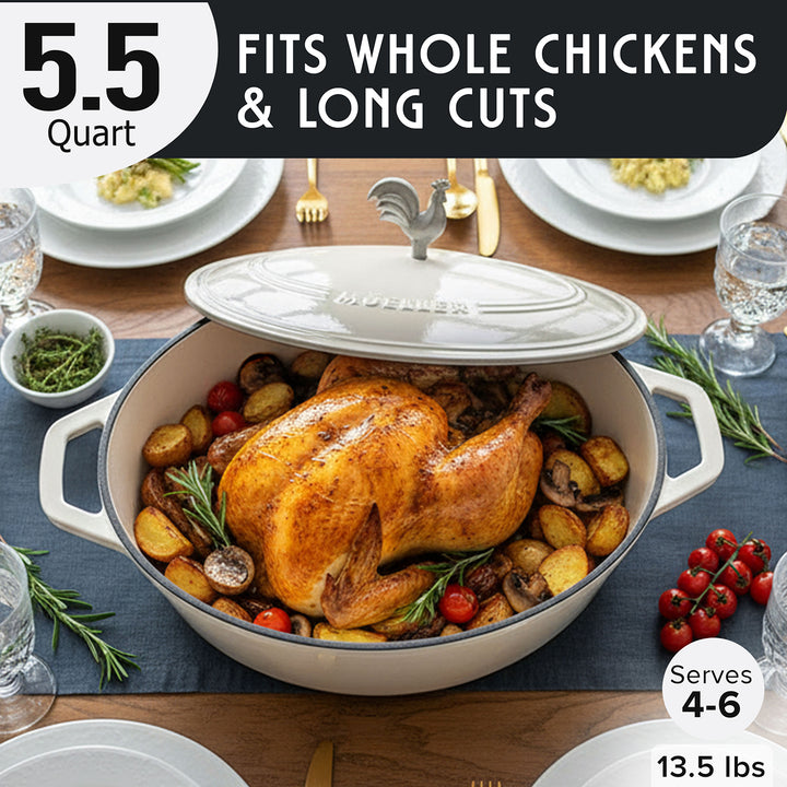 Roasted chicken in a Mueller Enameled White Dutch Oven Oval shaped with vegetables on a table setting, labeled for size and servings.