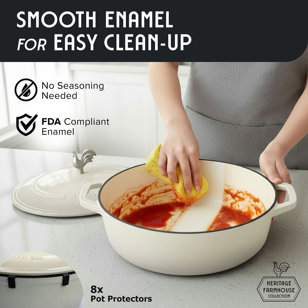 Person cleaning a white enameled pot with a sponge, with text highlighting smooth enamel and ease of cleaning.