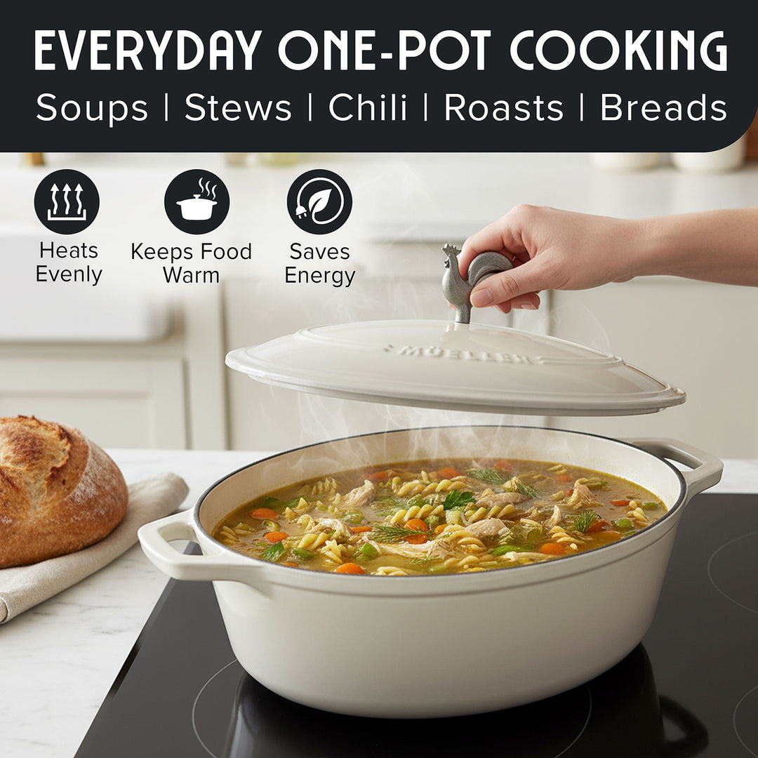 Mueller Enameled White Dutch Oven Oval shaped with soup on a stove, surrounded by text about cooking types and benefits.
