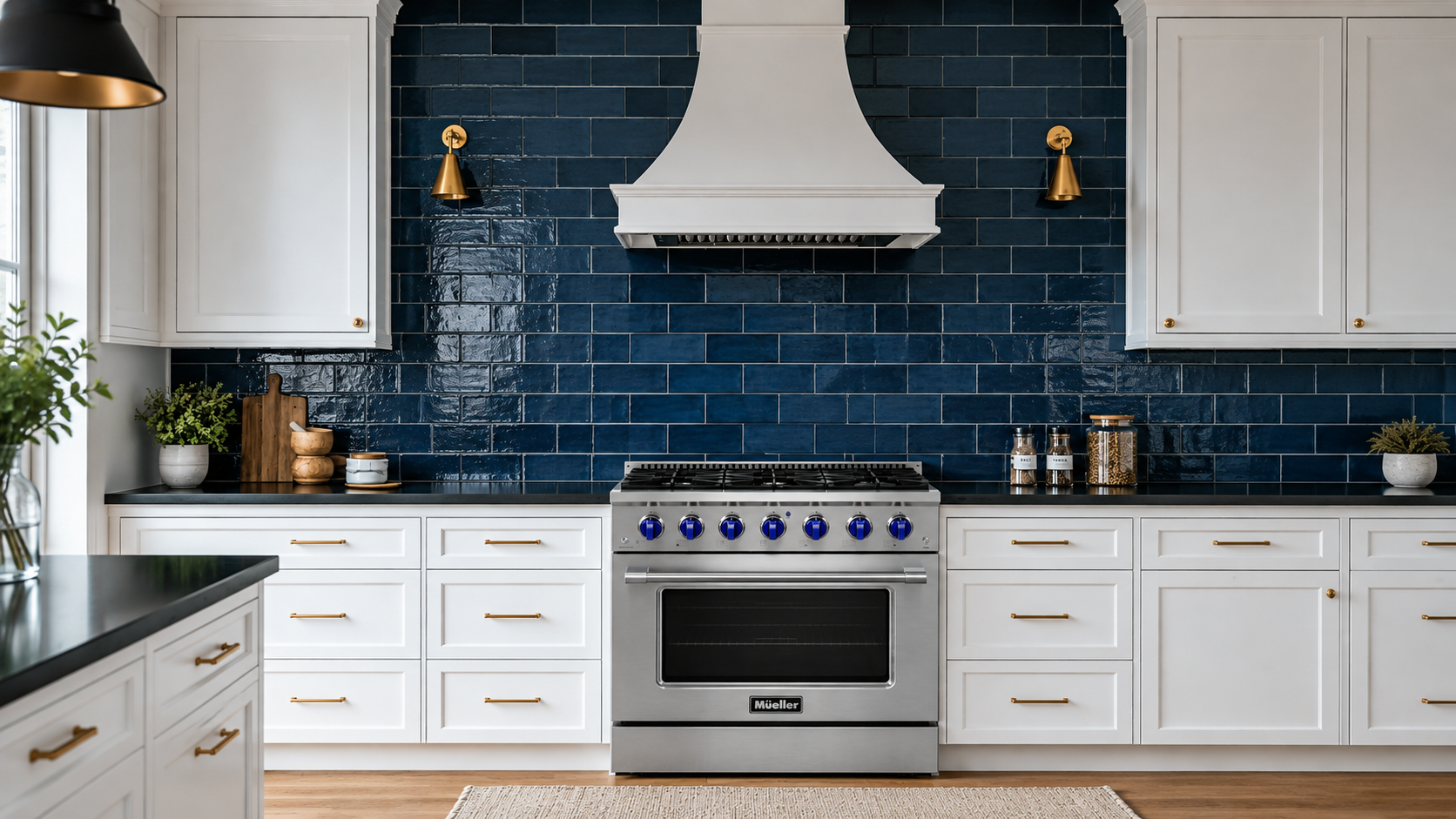 A modern kitchen featuring a Mueller stainless steel gas range with blue knobs, set against a glossy dark blue subway tile backsplash and white cabinets.