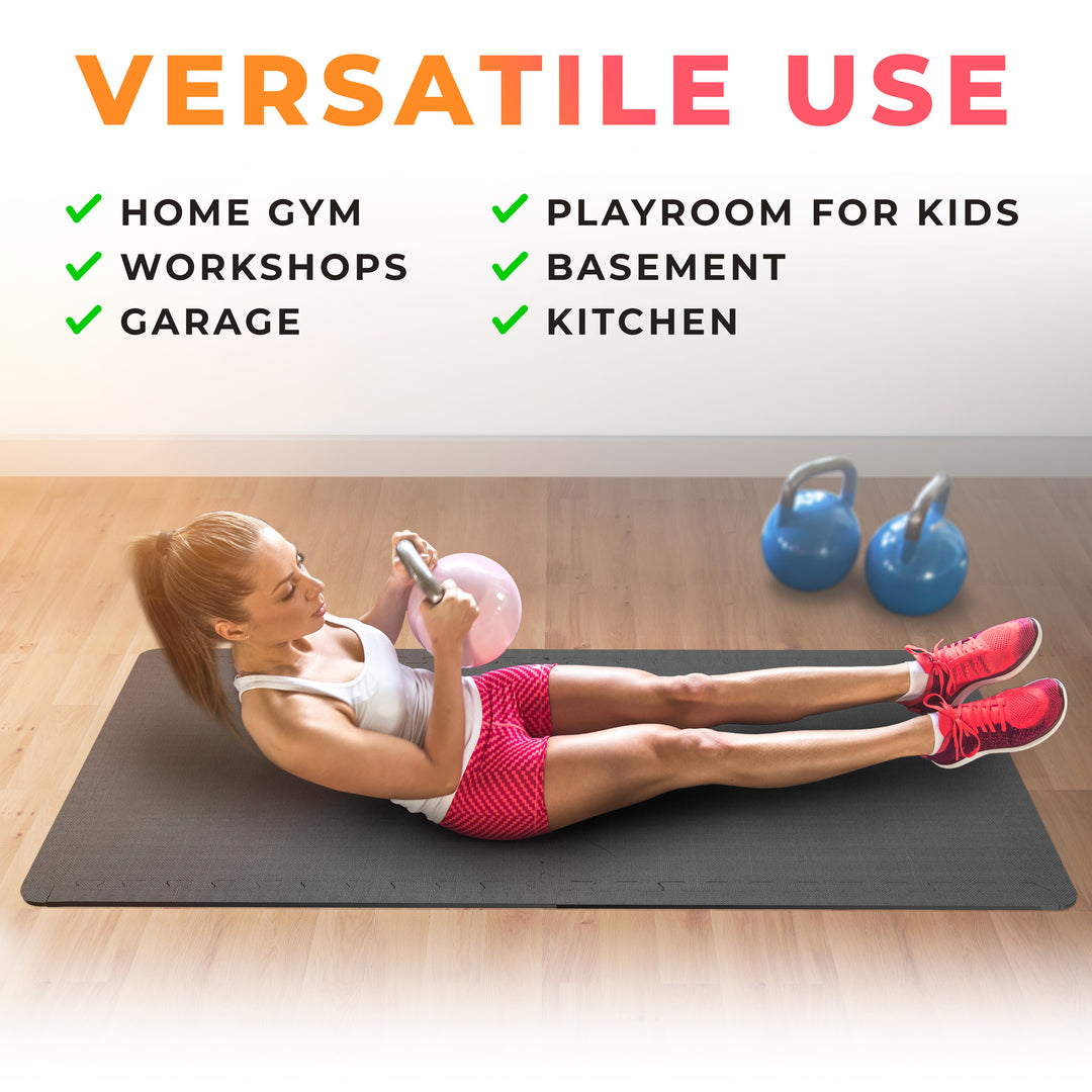 Mueller Interlocking gray mats showing different uses for the mats, including a person doing fitness exercises. Good for Home gym,workshops,garage,playroom for kids, basement, kitchen