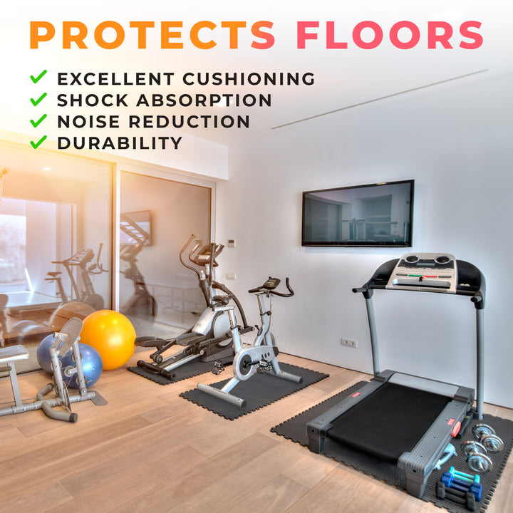 Gym with exercise equipment on a gray mat, highlighting features like excellent cushioning, shock absorption, noise reduction, and durability.
