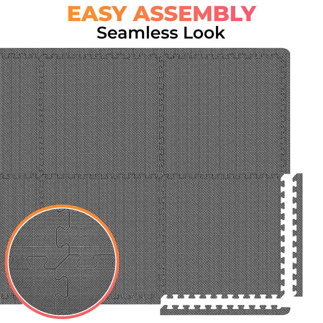 Gray interlocking foam mat with 'Easy Assembly' and 'Seamless Look' text above it, showing how easy it is to assembly