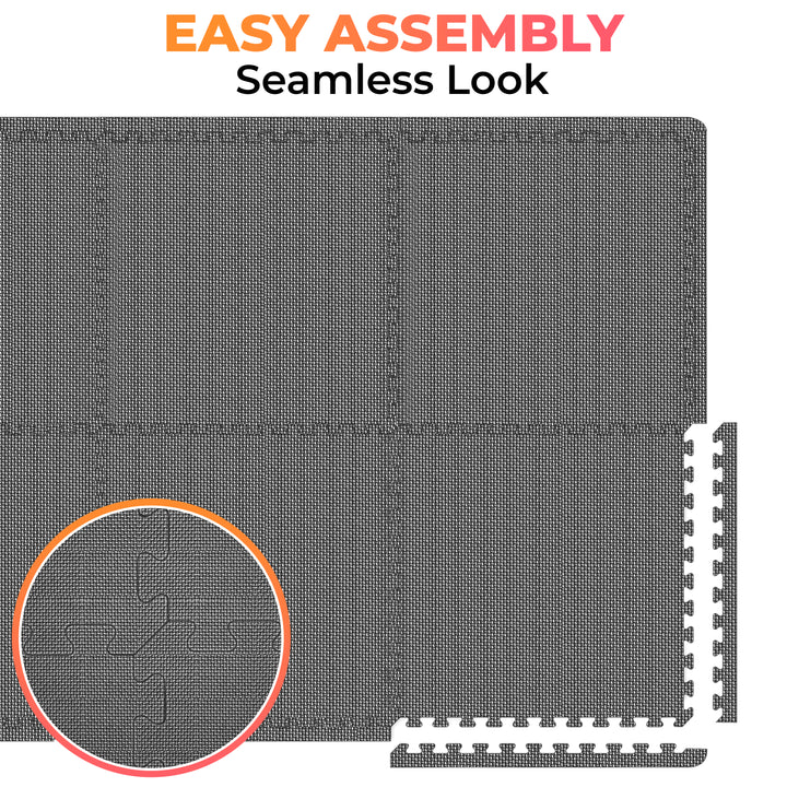 Gray interlocking foam mat with 'Easy Assembly' and 'Seamless Look' text above it, showing how easy it is to assembly