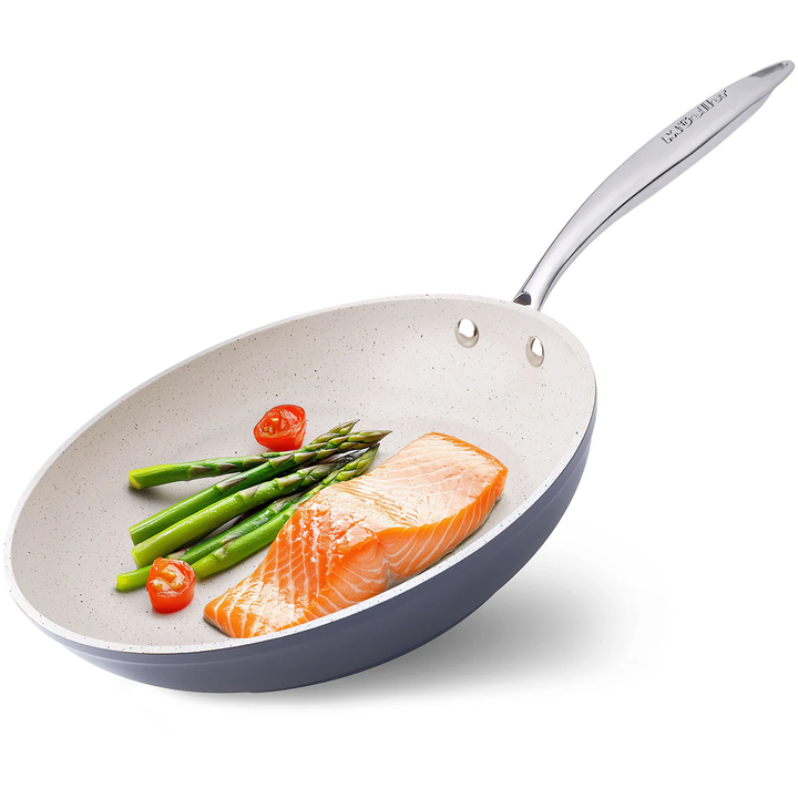 Mueller Stone Frying pan with Salmon and veggies in the pan on a white background