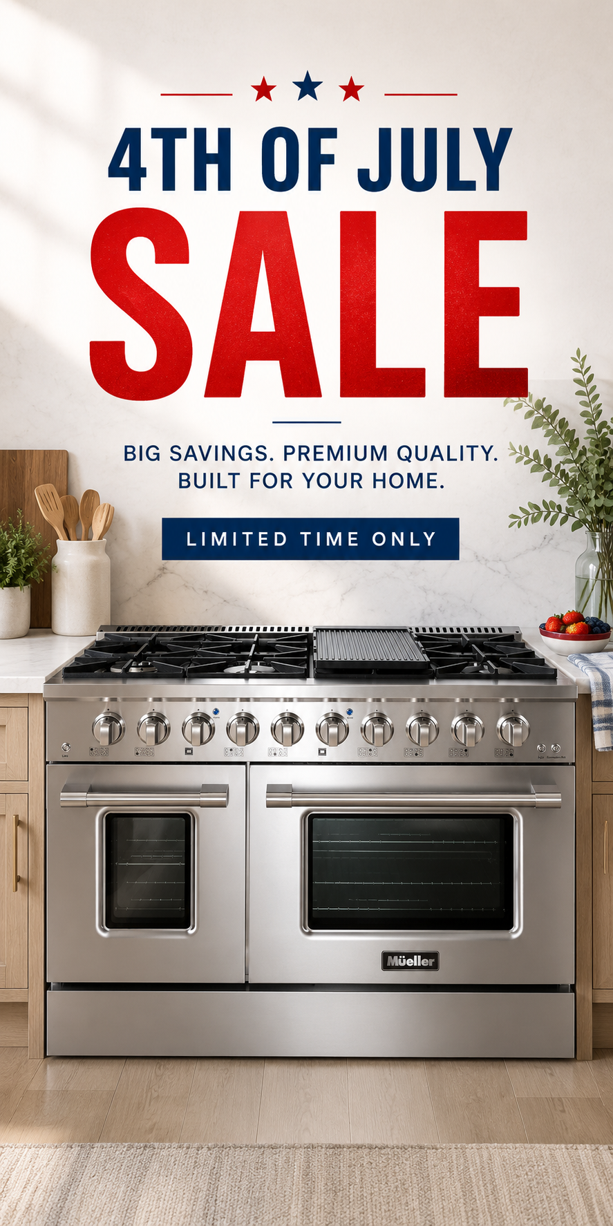 A stainless steel freestanding gas range with two oven doors and a black glass cooktop, shown in a bright kitchen setting with promotional sale text overlaid at the top reading '4th of July Sale'.