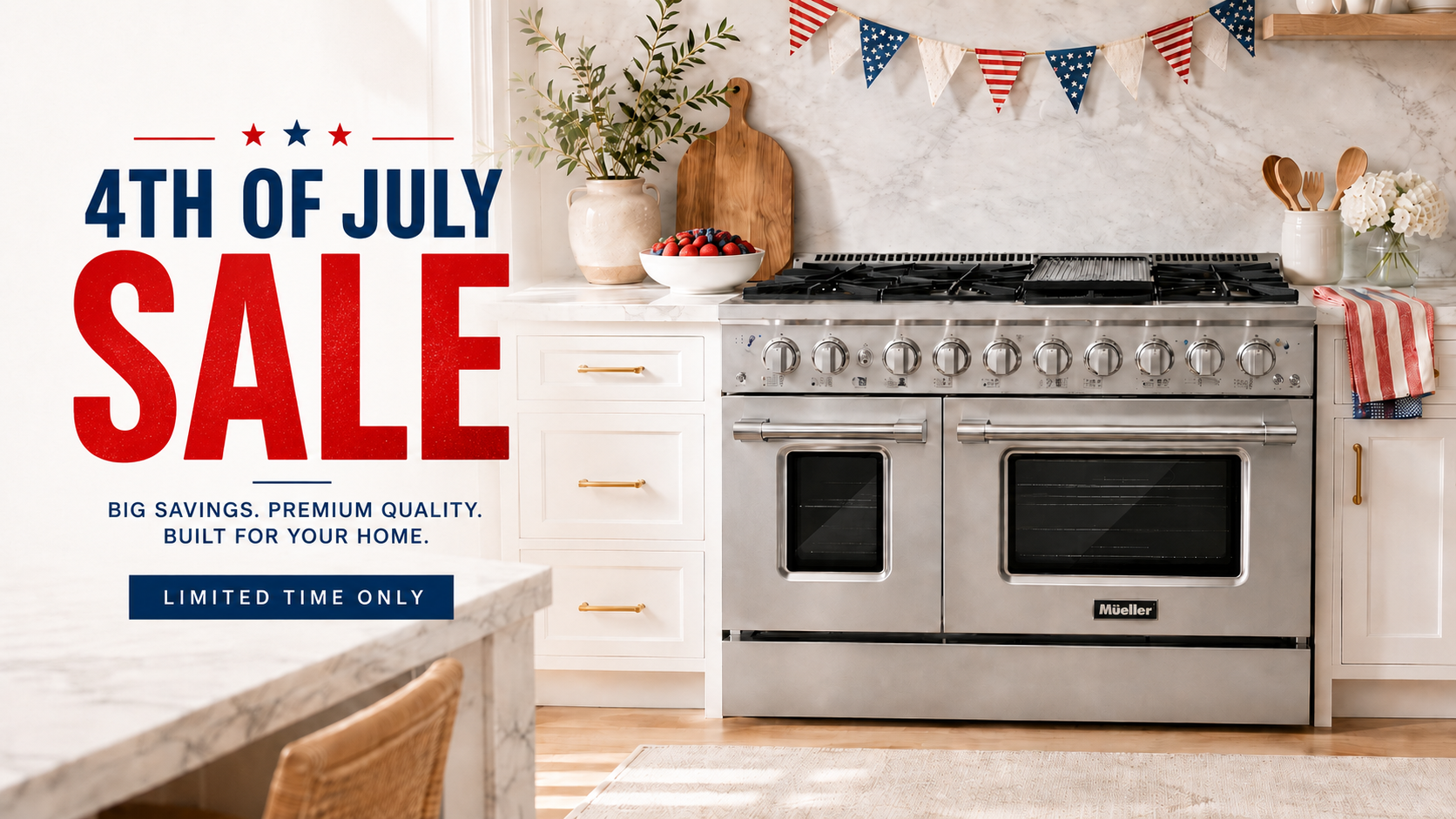 A stainless steel freestanding gas range with two oven doors is shown in a bright white kitchen setting, with patriotic bunting and a large sale text overlay reading '4th of July Sale' on the left.