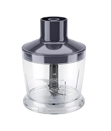 Clear plastic chopper attachment with black lid on a white background by Mueller Home