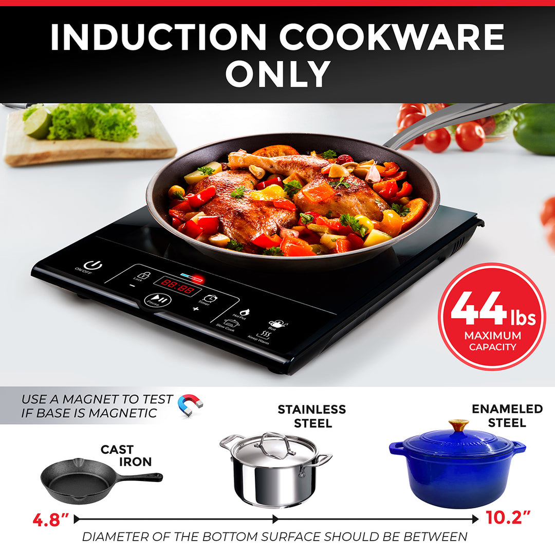Induction cooktop with pan of food and text about induction cookware specifications.