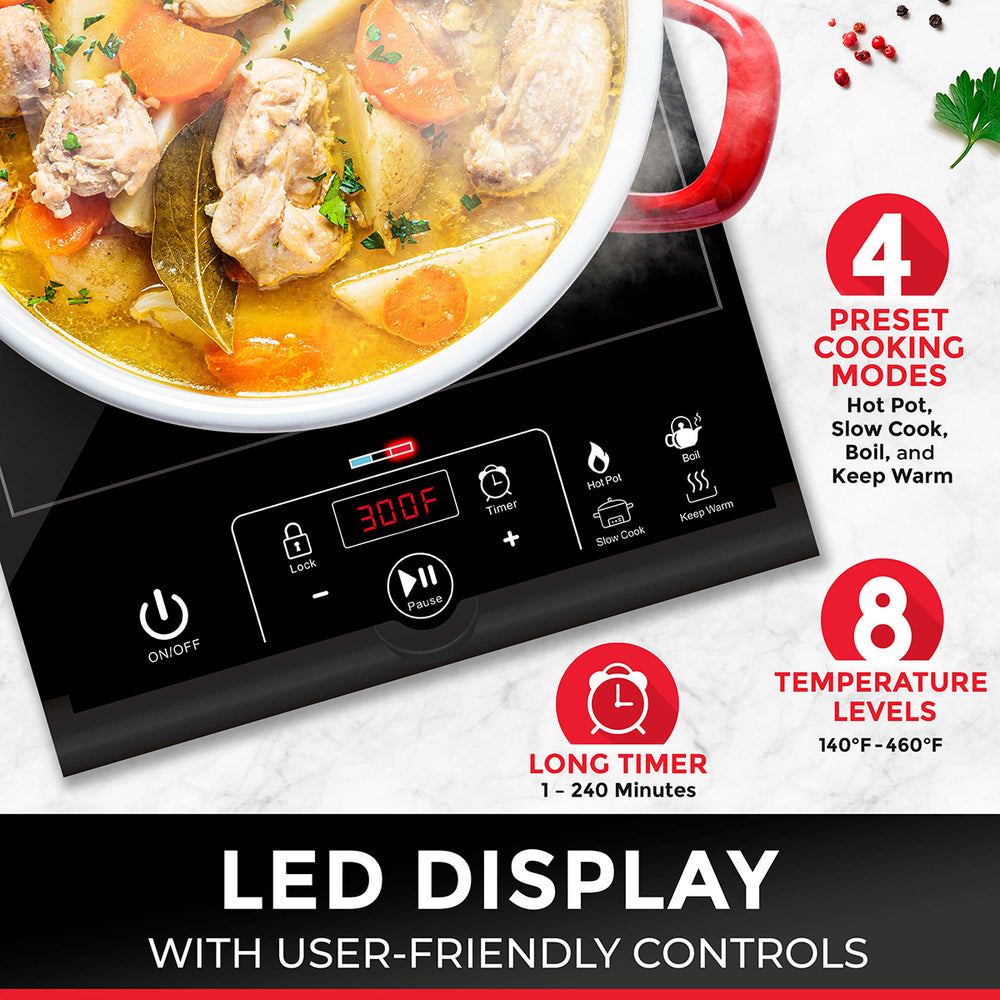 Induction cooktop with pot of soup and cooking mode display on a white background