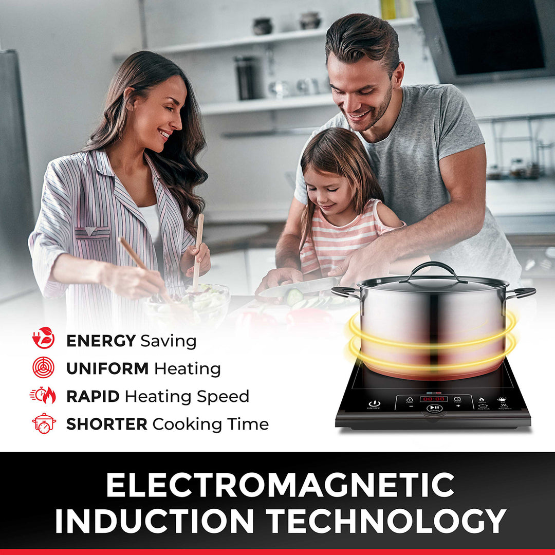Family in a kitchen with an electromagnetic induction cooktop, highlighting features like energy saving and rapid heating.