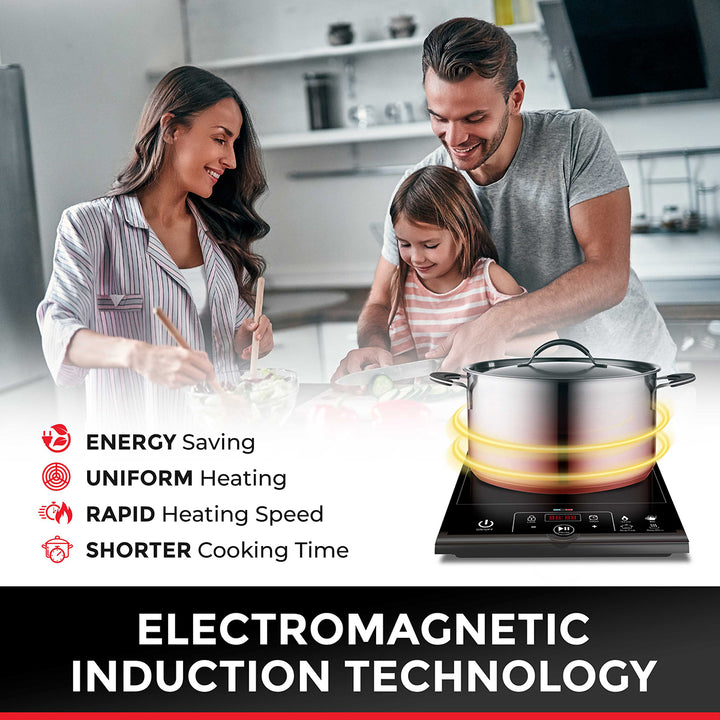 Family in a kitchen with an electromagnetic induction cooktop, highlighting features like energy saving and rapid heating.