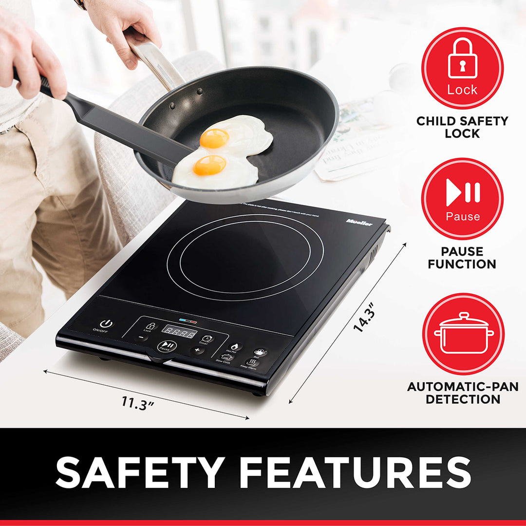 Induction cooktop with frying pan and eggs, featuring safety features like child safety lock, pause function, and automatic pan detection.