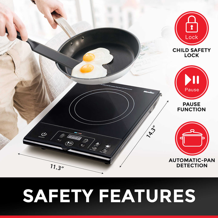 Induction cooktop with frying pan and eggs, featuring safety features like child safety lock, pause function, and automatic pan detection.