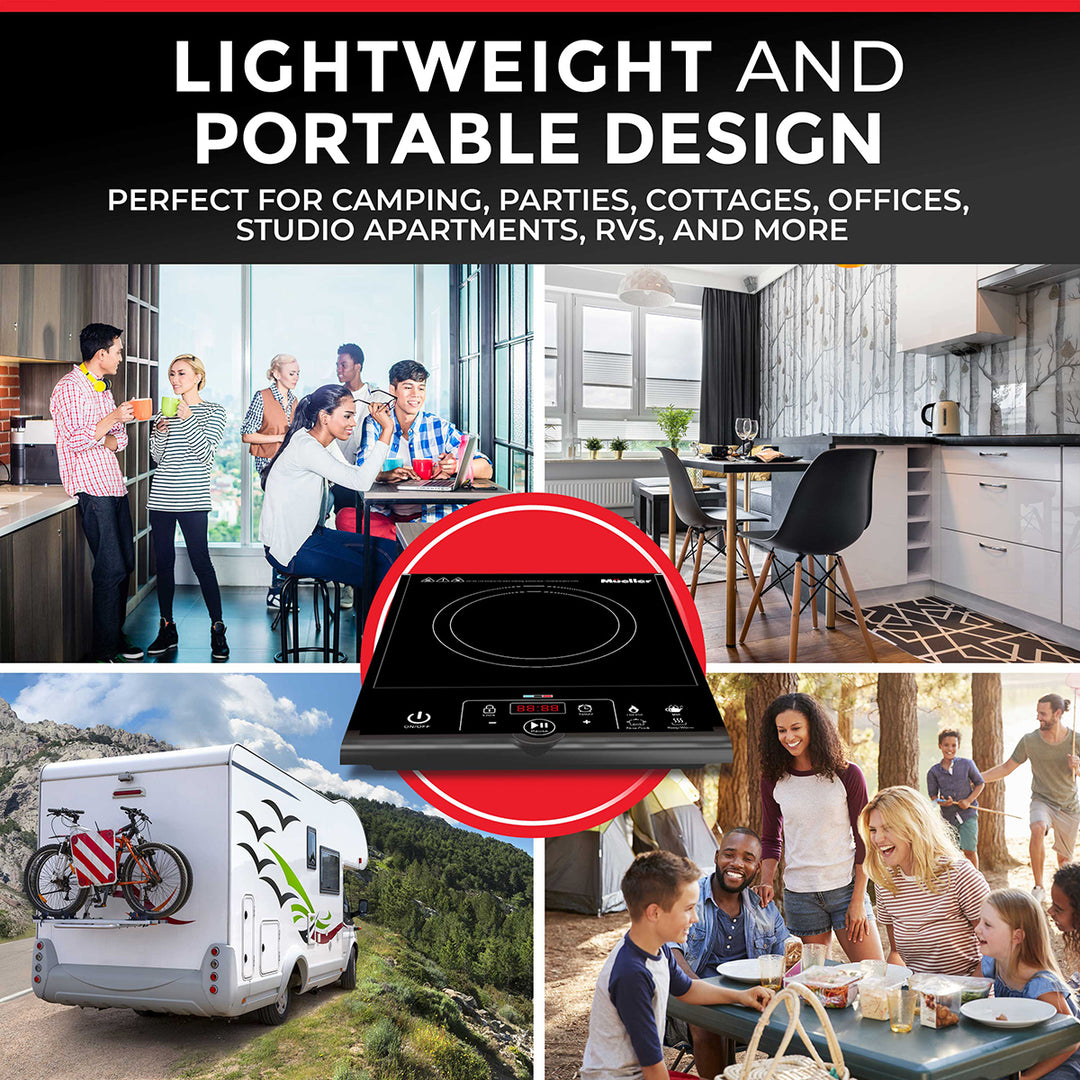 Collage of images showing a portable induction cooktop with text about its design and uses.