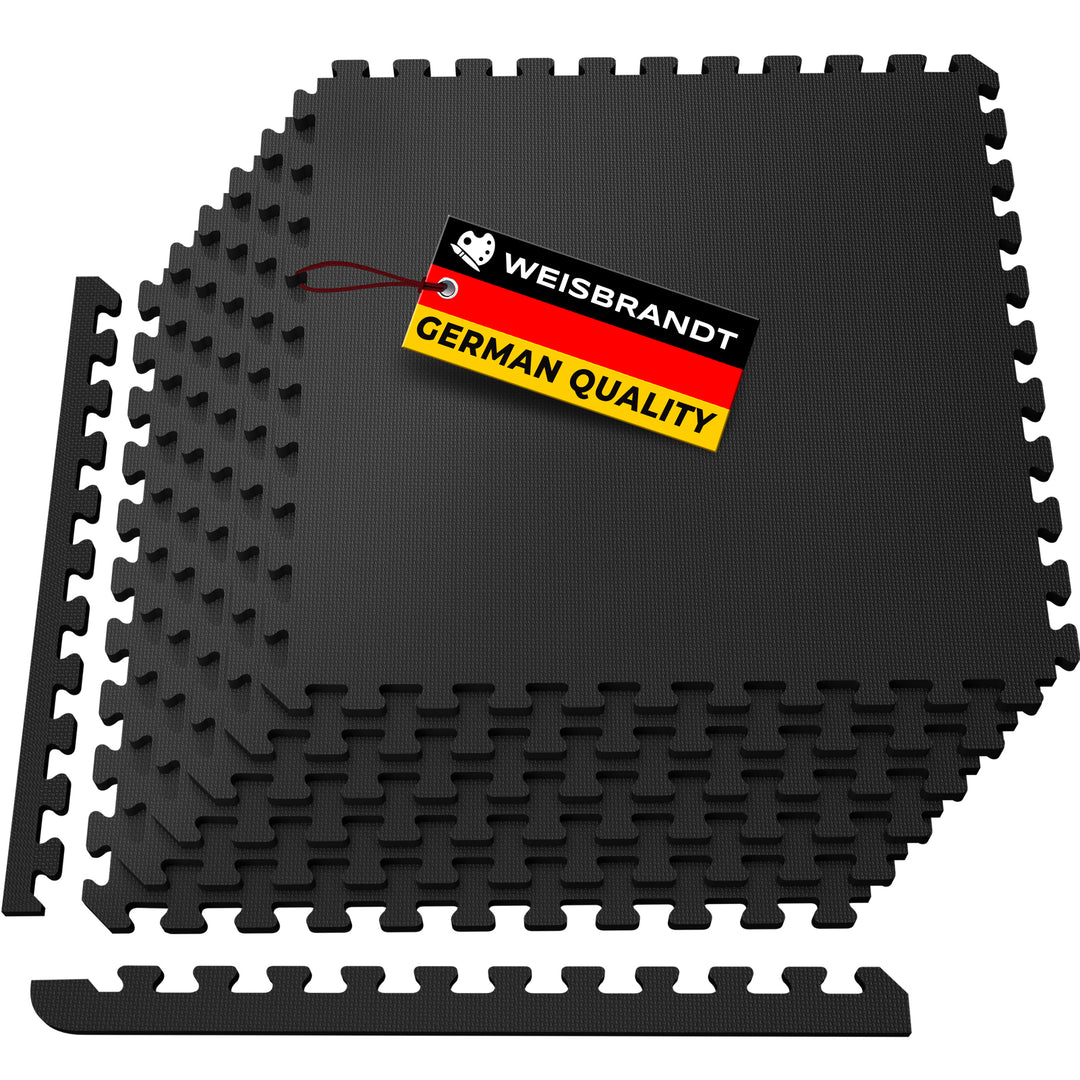 Black foam puzzle mat with Weisbrandt, exercise mat set, showing all pieces