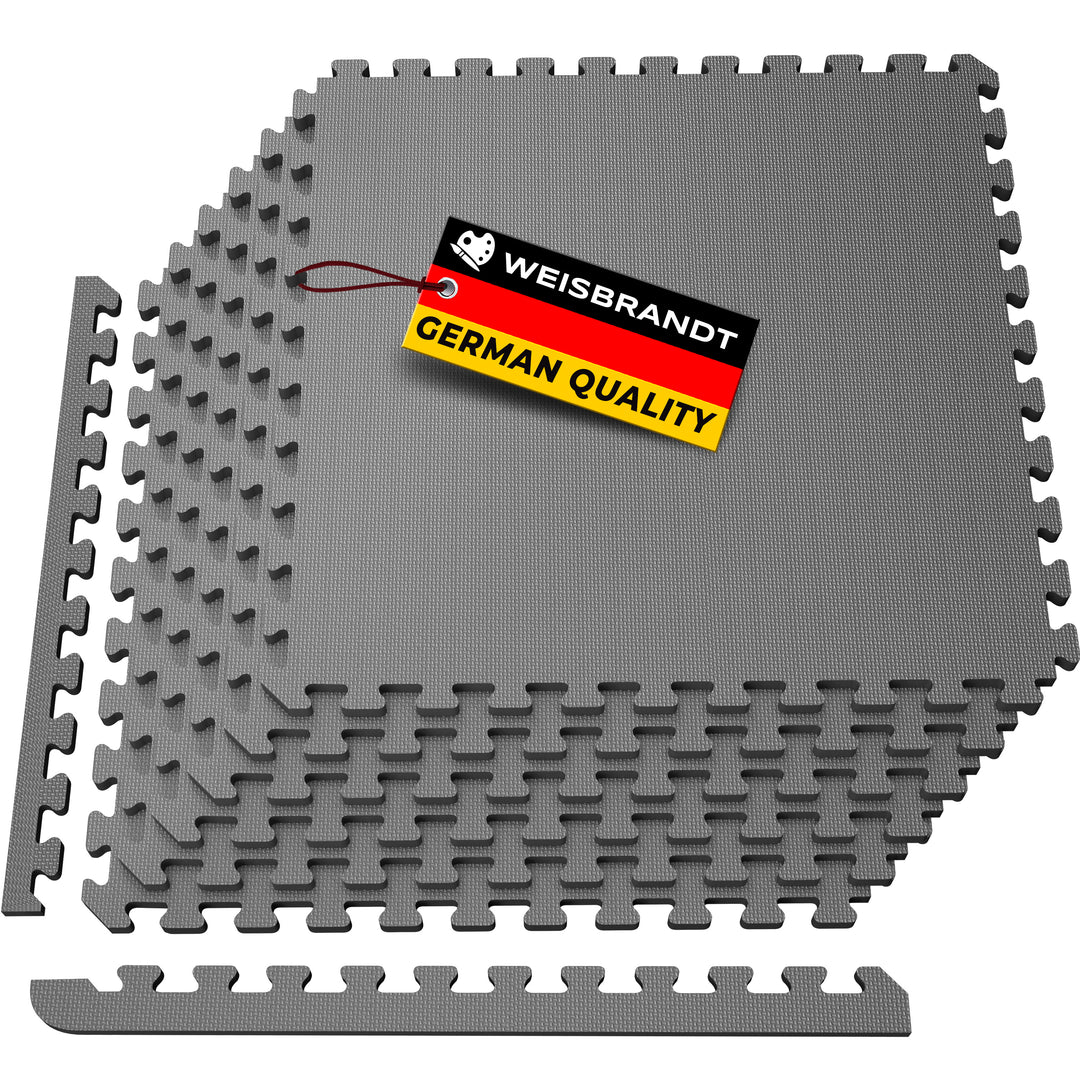 Gray foam puzzle mat with Weisbrandt, exercise mat set, showing all pieces
