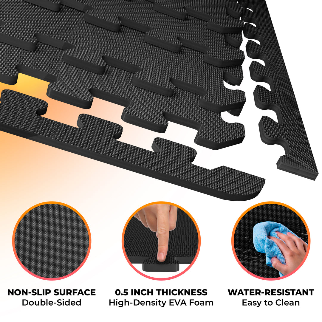 Black interlocking foam mats with features highlighted , non-slip surface, 0.5 inch thickness and water-resistant surface.
