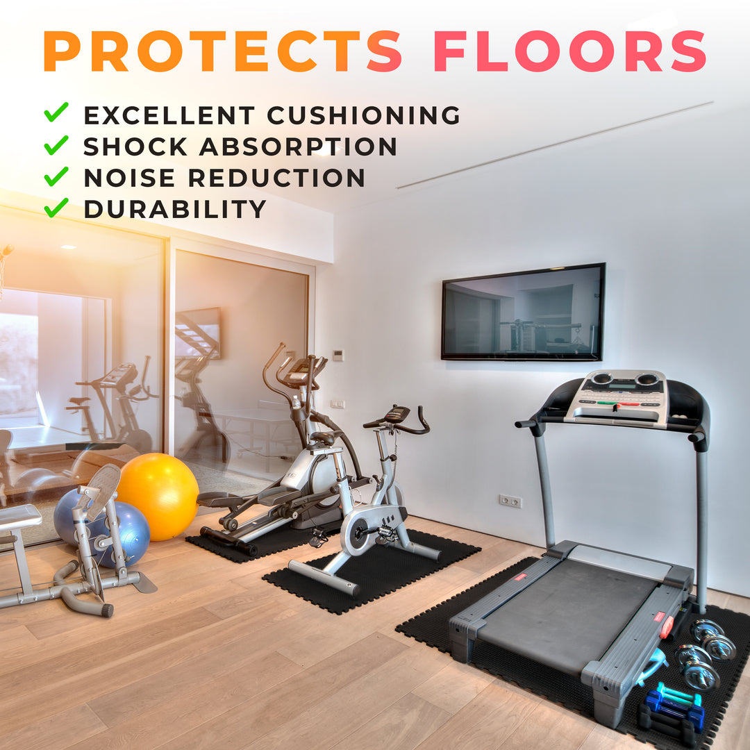 Gym with exercise equipment on a mat, highlighting features like excellent cushioning, shock absorption, noise reduction, and durability.
