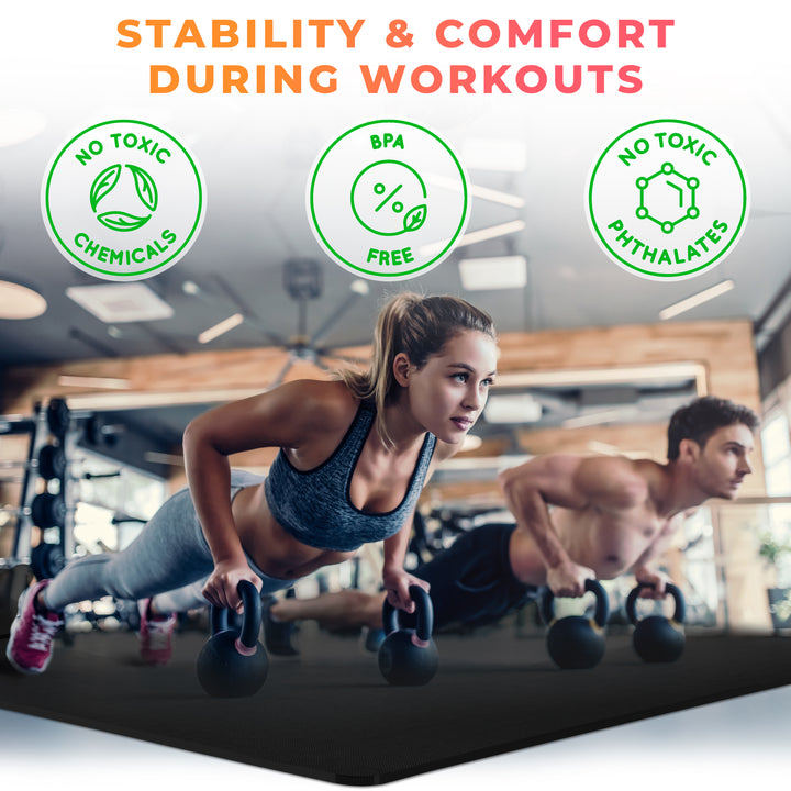 Two people exercising with kettlebells on a mat in a gym, showing how durable and comfortable the mats are. BPA FREE, No toxic chemicals, no toxic phthalates.