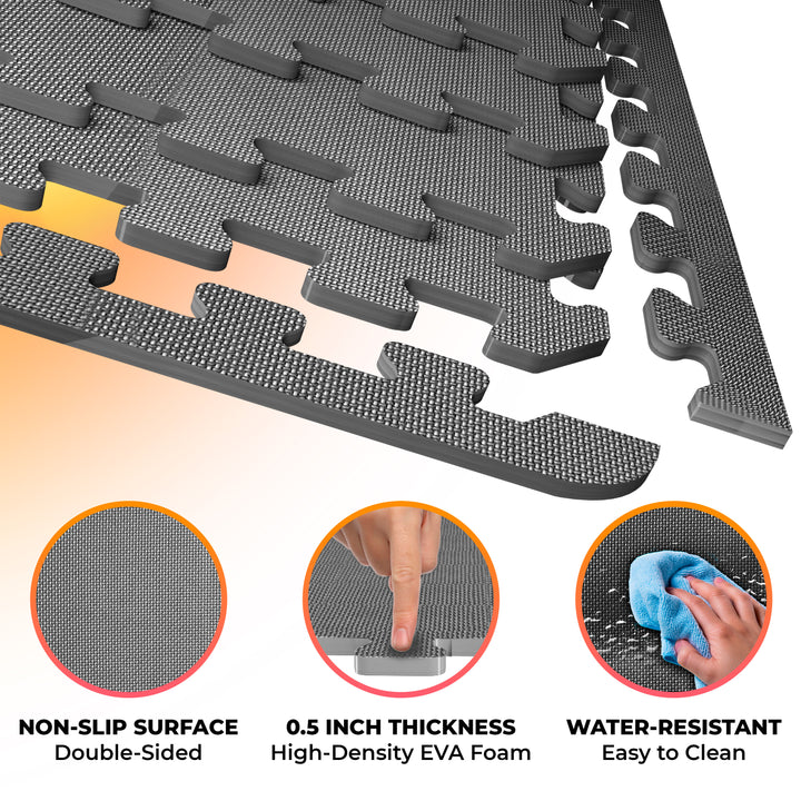 Gray interlocking foam mats with features highlighted , non-slip surface, 0.5 inch thickness and water-resistant surface.