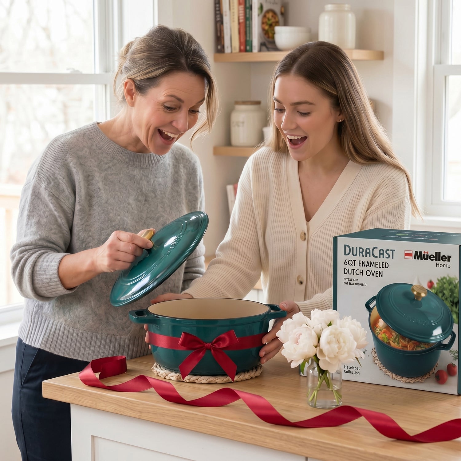 Two women opening a box of Mueller Dutch oven emerald 6 QT  set in a bright kitchen.