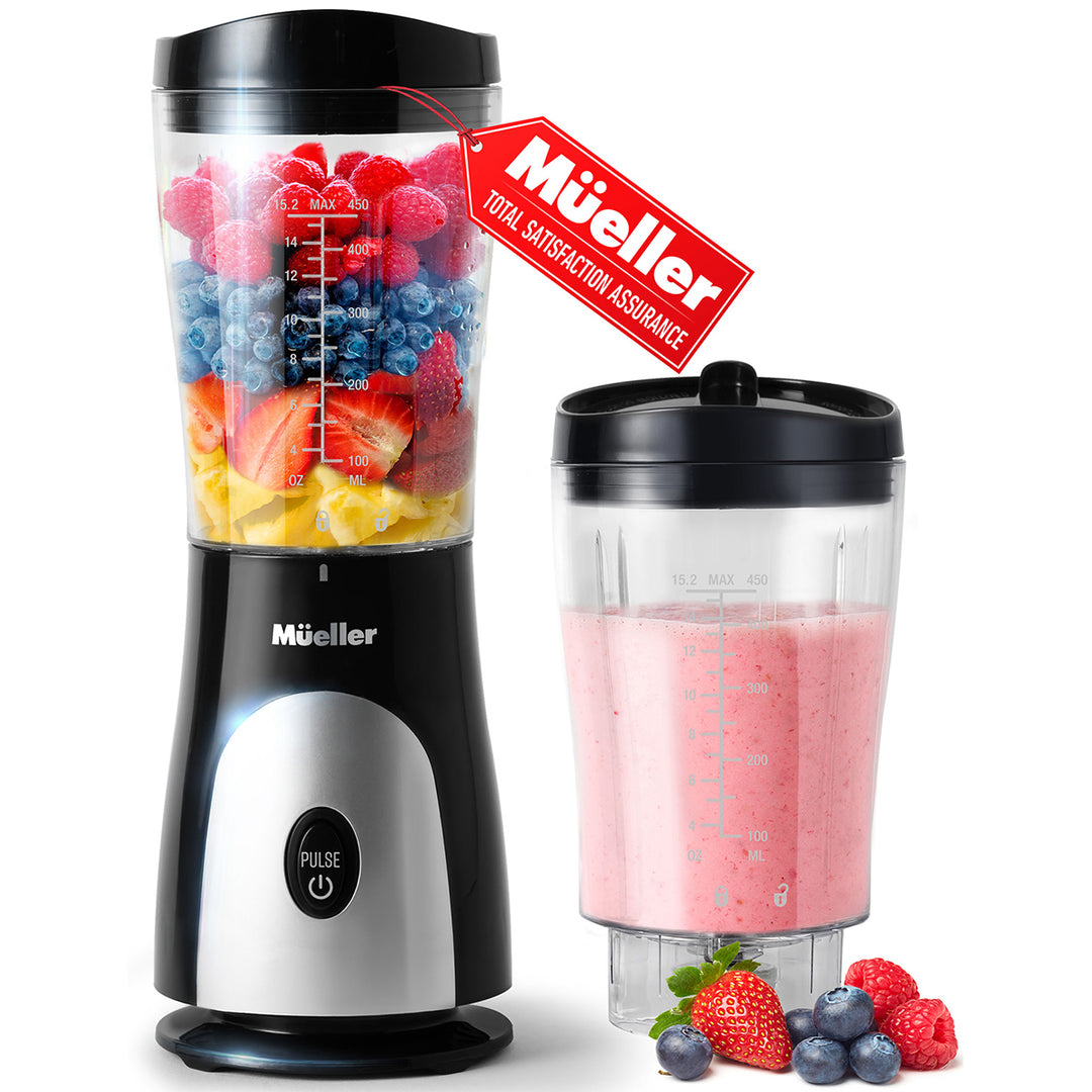 Mueller Personal Blender Black with fruits and a smoothie, featuring the brand logo.
