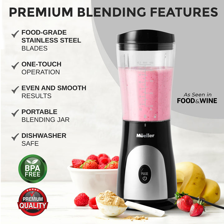 Mueller Personal Blender Black with pink smoothie, surrounded by fruits and ingredients, on a white background with text highlighting features.