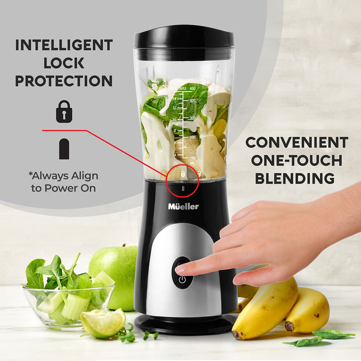Mueller Personal Blender Black with ingredients on a white surface, highlighting intelligent lock protection and one-touch blending features.