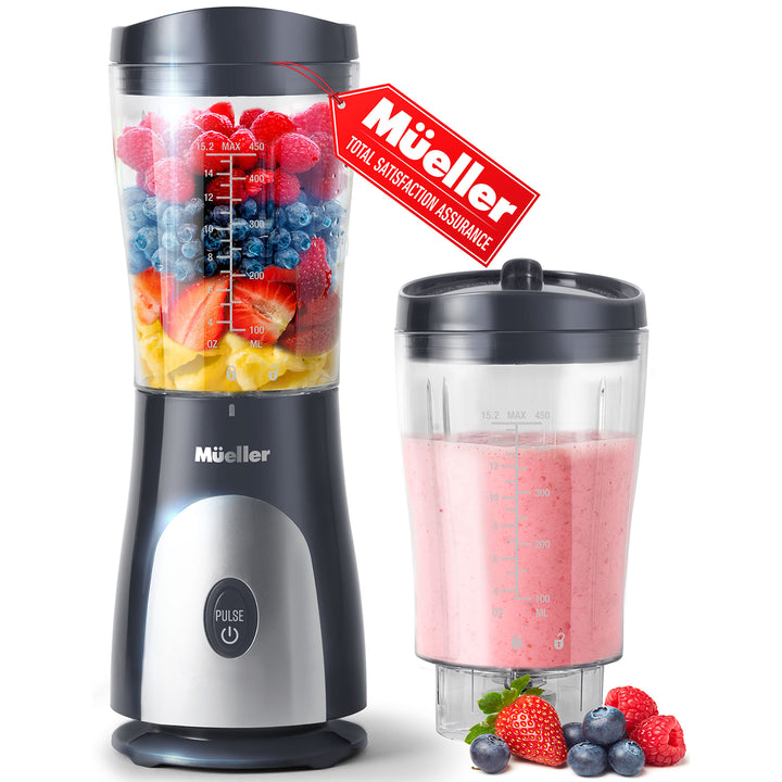 Mueller Personal Blender grey portable blender with berries and a smoothie, featuring the brand logo.