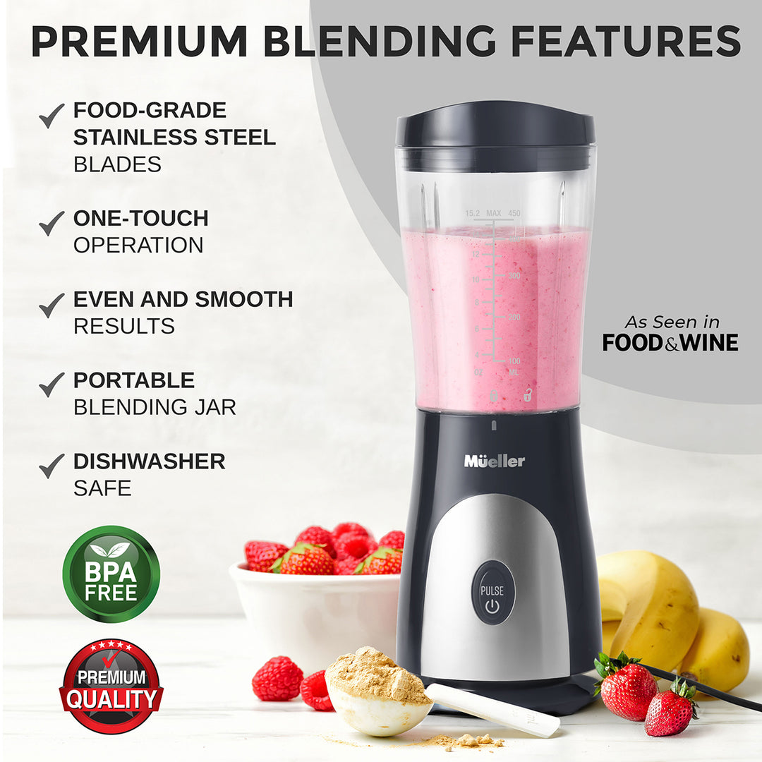 Blender with pink smoothie, surrounded by fruits and ingredients, on a white background with text highlighting features.