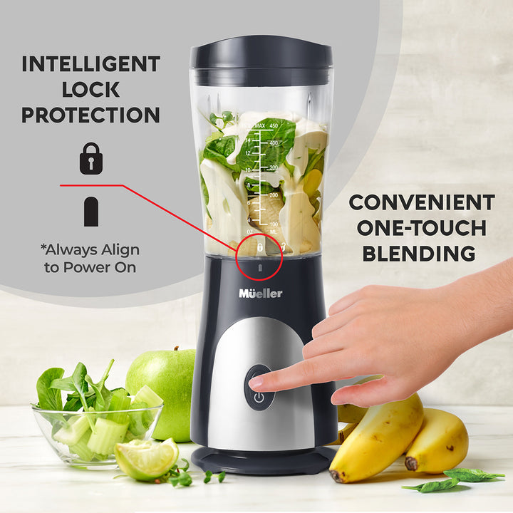 Mueller Personal Blender grey with ingredients on a table, highlighting intelligent lock protection and one-touch blending features.